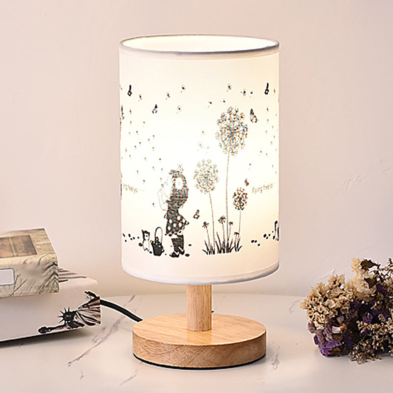 Zylinder Nachttischlampe Print Stoff 1-Licht Minimalistische Nachttischlampe in Weiß