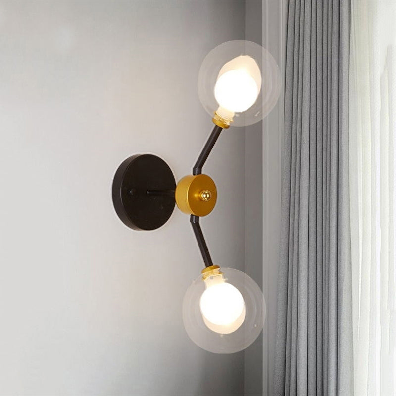 Frendorf | 2 Lichter Schlafzimmer Wandleuchte mit globalem klarem Glasschirm Moderne schwarze LED-Wandmontageleuchte