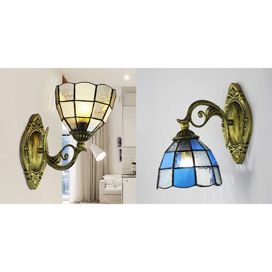 Frendorf | Dome Wandlamp Licht Grid Glas 1 Kop Tiffany Wandmontage Verlichting in Wit/Blauw voor Slaapkamer