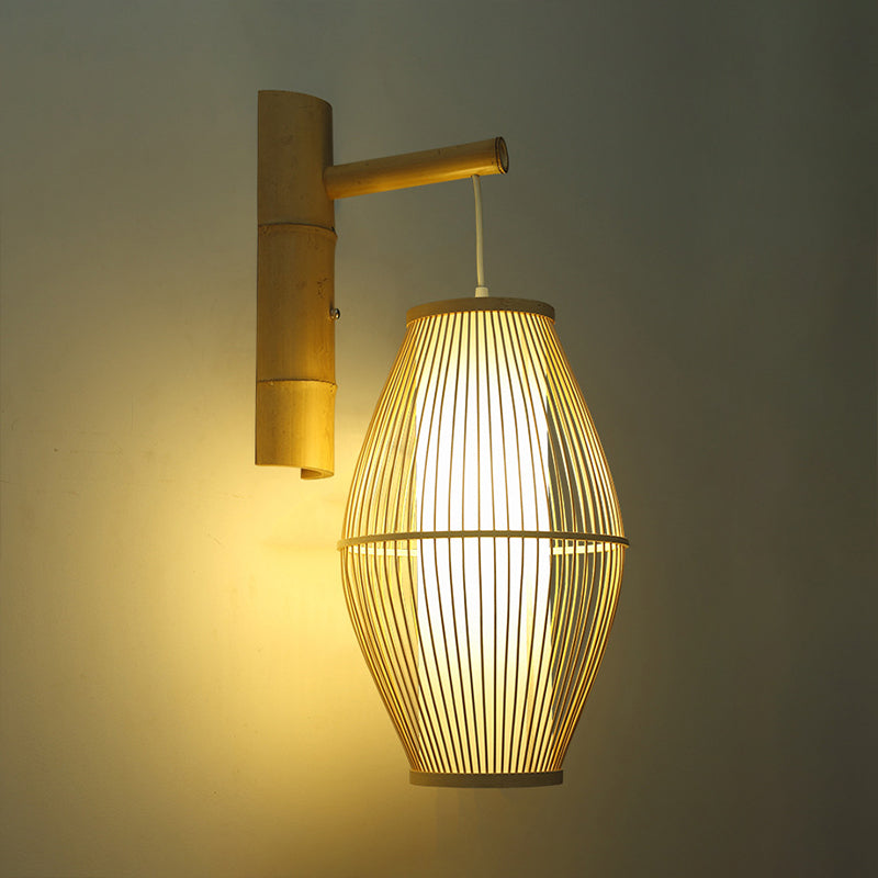 Asiatische Stil ovale Wandlampe Wandleuchte mit Laternen-Design Bambus 1-Licht Wohnzimmer Wandlampe in Beige