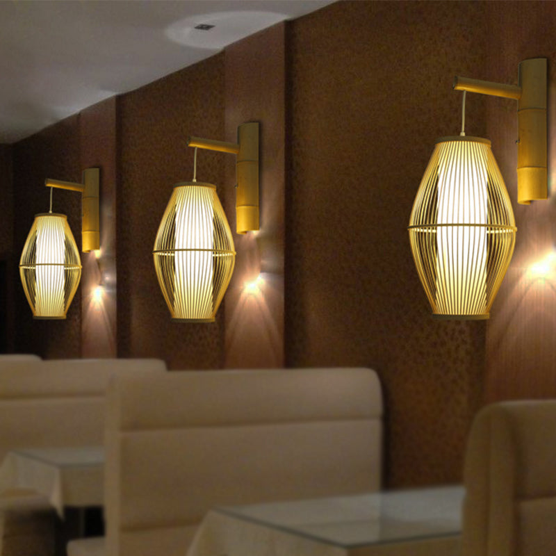 Asiatische Stil ovale Wandlampe Wandleuchte mit Laternen-Design Bambus 1-Licht Wohnzimmer Wandlampe in Beige