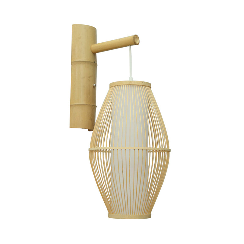 Asiatische Stil ovale Wandlampe Wandleuchte mit Laternen-Design Bambus 1-Licht Wohnzimmer Wandlampe in Beige