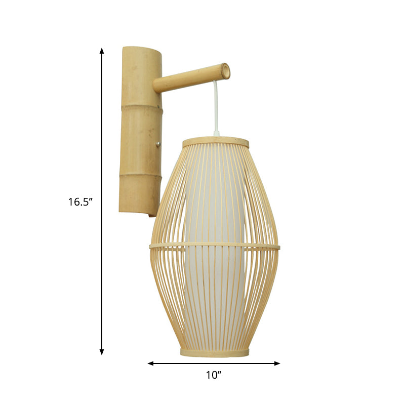 Asiatische Stil ovale Wandlampe Wandleuchte mit Laternen-Design Bambus 1-Licht Wohnzimmer Wandlampe in Beige