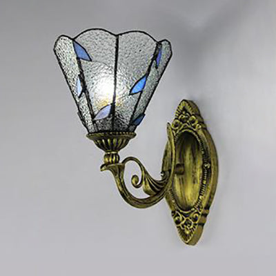 Frendorf | Altermessing Gebogene Arm Wandlampe mit Verglasung Kegel Shade 1 Licht Vintage Wandleuchte in Weiß/Klar