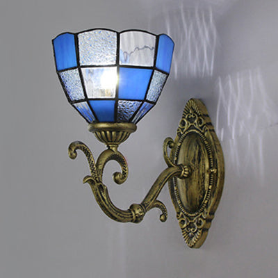 Frendorf | Gitterglas Wandanhängerlampe Tiffany Vintage 1 Licht Wandbeleuchtung in Klar/Blau für Schlafzimmer