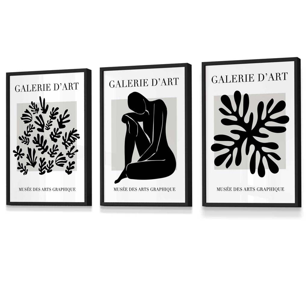 Matisse Floral und Nude Set aus 3 schwarzen und grauen Wandkunst-Drucken / Gerahmt