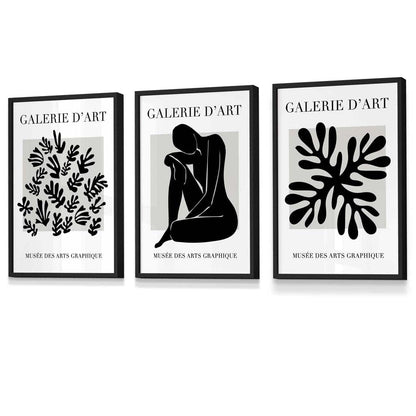Matisse Floral und Nude Set aus 3 schwarzen und grauen Wandkunst-Drucken / Gerahmt