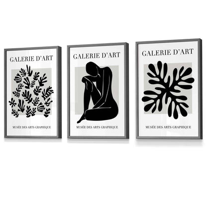 Matisse Floral und Nude Set aus 3 schwarzen und grauen Wandkunst-Drucken / Gerahmt
