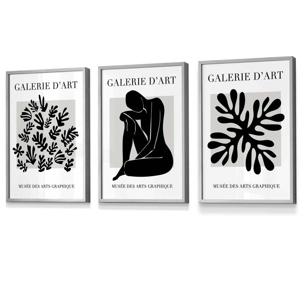 Matisse Floral und Nude Set aus 3 schwarzen und grauen Wandkunst-Drucken / Gerahmt