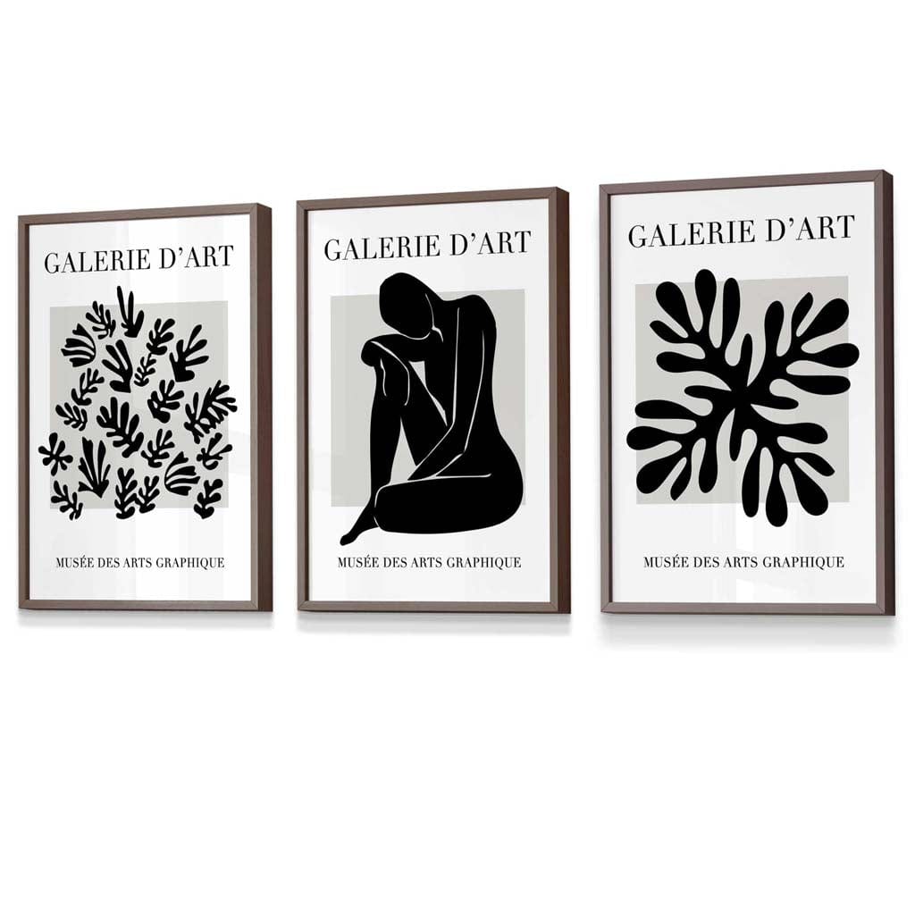 Matisse Floral und Nude Set aus 3 schwarzen und grauen Wandkunst-Drucken / Gerahmt