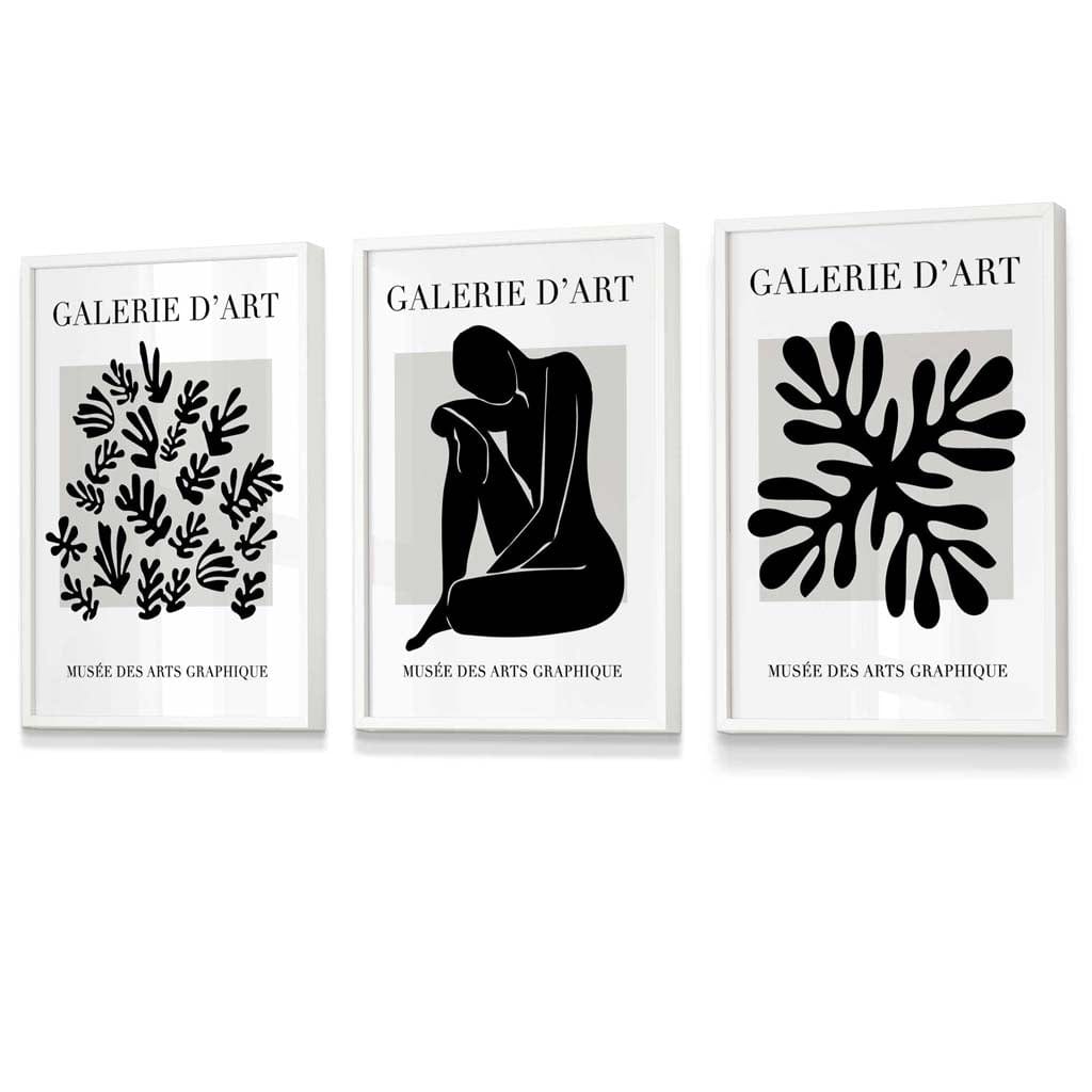 Matisse Floral und Nude Set aus 3 schwarzen und grauen Wandkunst-Drucken / Gerahmt