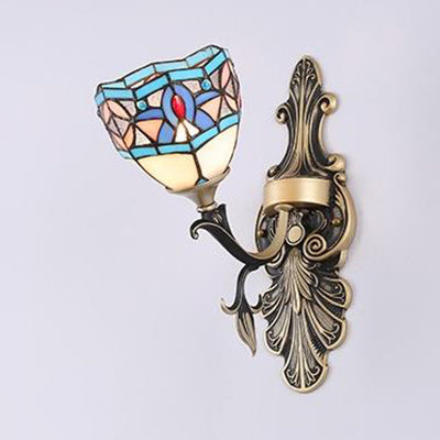 Frendorf | Buntglas Wandbeleuchtung mit Barock/Blume/Edelstein/Magnolie Muster Tiffany 1 Licht Innen Wandleuchte in Blau