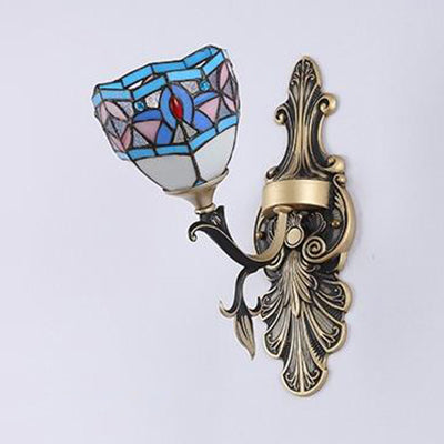 Frendorf | Buntglas Wandbeleuchtung mit Barock/Blume/Edelstein/Magnolie Muster Tiffany 1 Licht Innen Wandleuchte in Blau