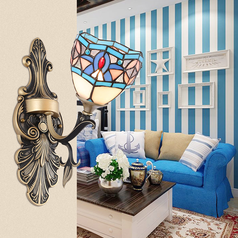 Frendorf | Buntglas Wandbeleuchtung mit Barock/Blume/Edelstein/Magnolie Muster Tiffany 1 Licht Innen Wandleuchte in Blau