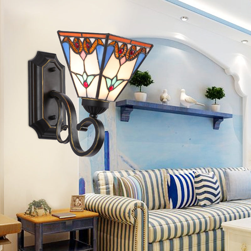 Frendorf | Buntglas Wandbeleuchtung mit Barock/Blume/Edelstein/Magnolie Muster Tiffany 1 Licht Innen Wandleuchte in Blau