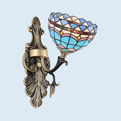 Frendorf | Buntglas Wandbeleuchtung mit Barock/Blume/Edelstein/Magnolie Muster Tiffany 1 Licht Innen Wandleuchte in Blau