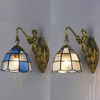 Frendorf | Barokke Ruitpatroon Wandlamp 1 Hoofd Wit/Blauw Glas Muur Gemonteerd Verlichtingsarmatuur voor Hal