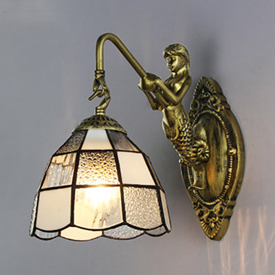 Frendorf | Barokke Ruitpatroon Wandlamp 1 Hoofd Wit/Blauw Glas Muur Gemonteerd Verlichtingsarmatuur voor Hal