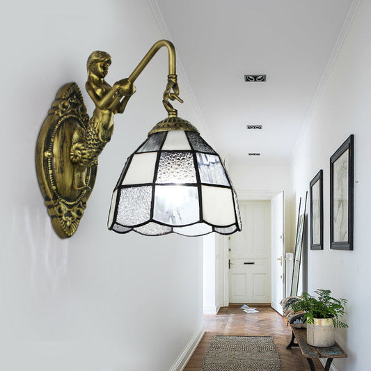 Frendorf | Barokke Ruitpatroon Wandlamp 1 Hoofd Wit/Blauw Glas Muur Gemonteerd Verlichtingsarmatuur voor Hal