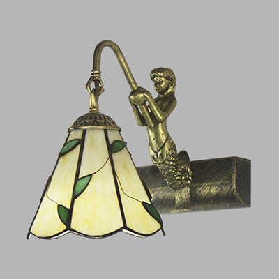 Frendorf | 1 Kopf Badezimmer Wandlicht Leuchte Tiffany Antike Messing Sconces Licht mit Kegel Weiß/Grün Glas Schirm