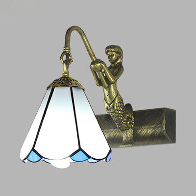 Frendorf | 1 Kopf Badezimmer Wandlicht Leuchte Tiffany Antike Messing Sconces Licht mit Kegel Weiß/Grün Glas Schirm