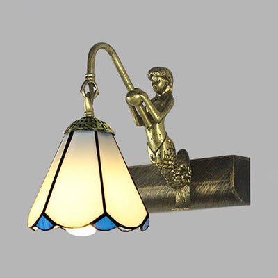 Frendorf | 1 Kopf Badezimmer Wandlicht Leuchte Tiffany Antike Messing Sconces Licht mit Kegel Weiß/Grün Glas Schirm