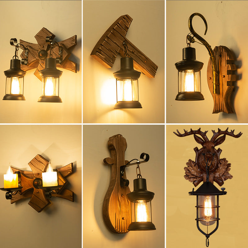 Holzbraune Wandleuchte Geometrisch geformte Landhausstil-Wandlampe für Flur