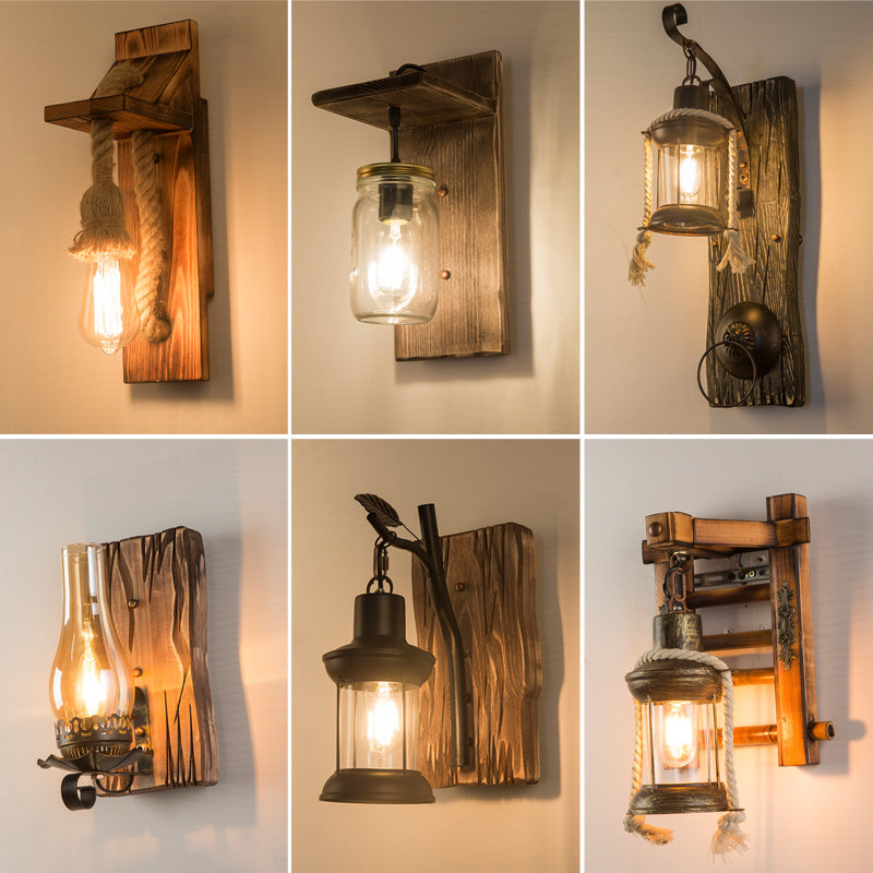 Holzbraune Wandleuchte Geometrisch geformte Landhausstil-Wandlampe für Flur