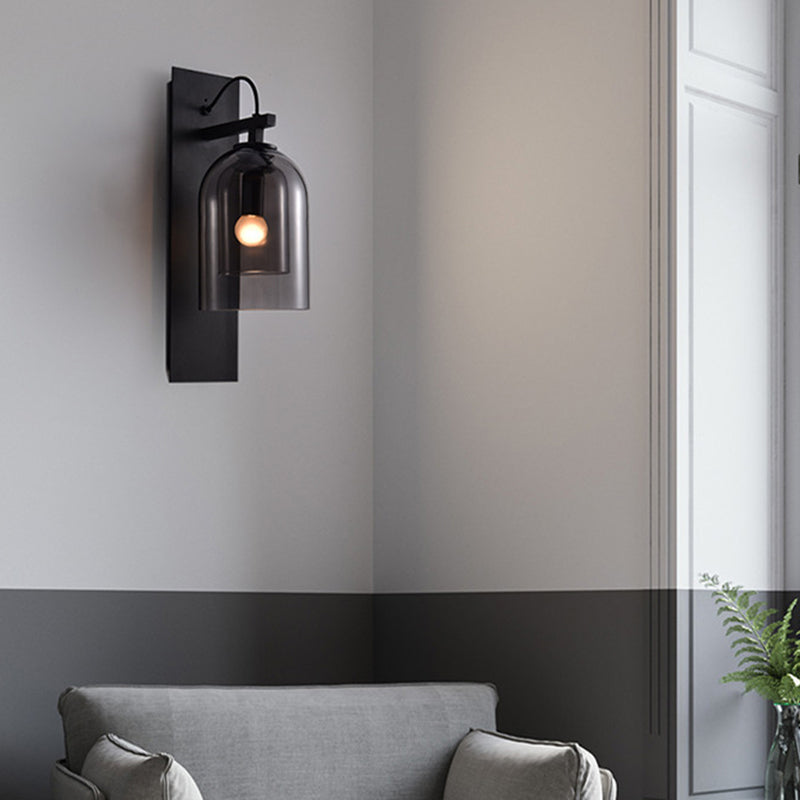 Frendorf | 1 Glühbirne Wohnzimmer Wandleuchte Mid-Century Schwarze Wandlampe mit Doppel-Dome-Glas-Schirm