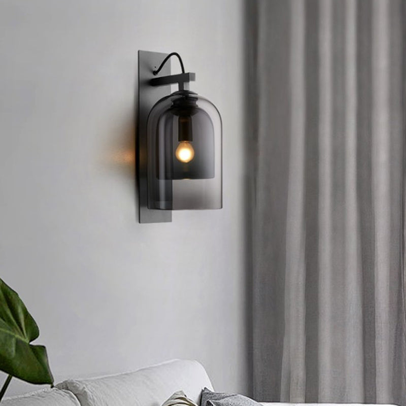 Frendorf | 1 Glühbirne Wohnzimmer Wandleuchte Mid-Century Schwarze Wandlampe mit Doppel-Dome-Glas-Schirm