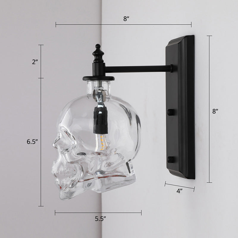 Frendorf | Klar Glas Totenkopf Wandbeleuchtung Art Deco 1 Kopf Schwarze Wandleuchte für Schlafzimmer