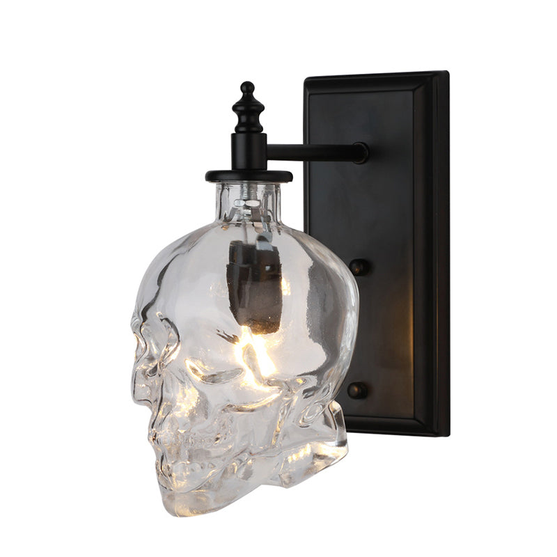Frendorf | Klar Glas Totenkopf Wandbeleuchtung Art Deco 1 Kopf Schwarze Wandleuchte für Schlafzimmer