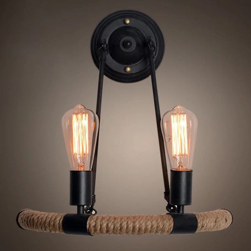 Frendorf | 2-Kopf Bogen Wandleuchte Industriedesign Schwarze Hanfseil Wandbeleuchtung Fixture für Restaurant