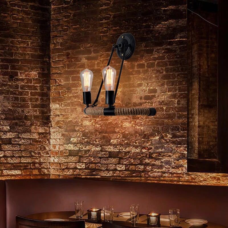 Frendorf | 2-Kopf Bogen Wandleuchte Industriedesign Schwarze Hanfseil Wandbeleuchtung Fixture für Restaurant