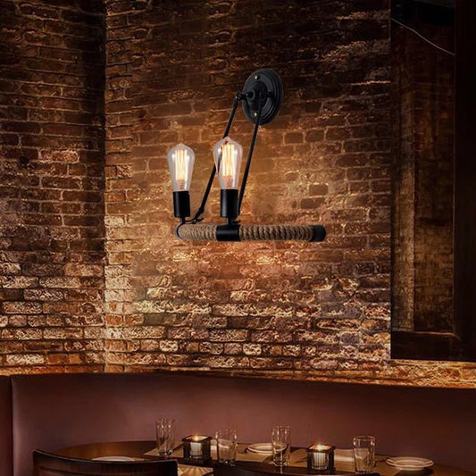 Frendorf | 2-Kopf Bogen Wandleuchte Industriedesign Schwarze Hanfseil Wandbeleuchtung Fixture für Restaurant