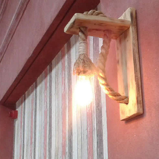 Frendorf | Einzelbirnen-Wandleuchte Rustikale Offene Glühbirne Seil-Wandleuchte mit Halterung aus Holz