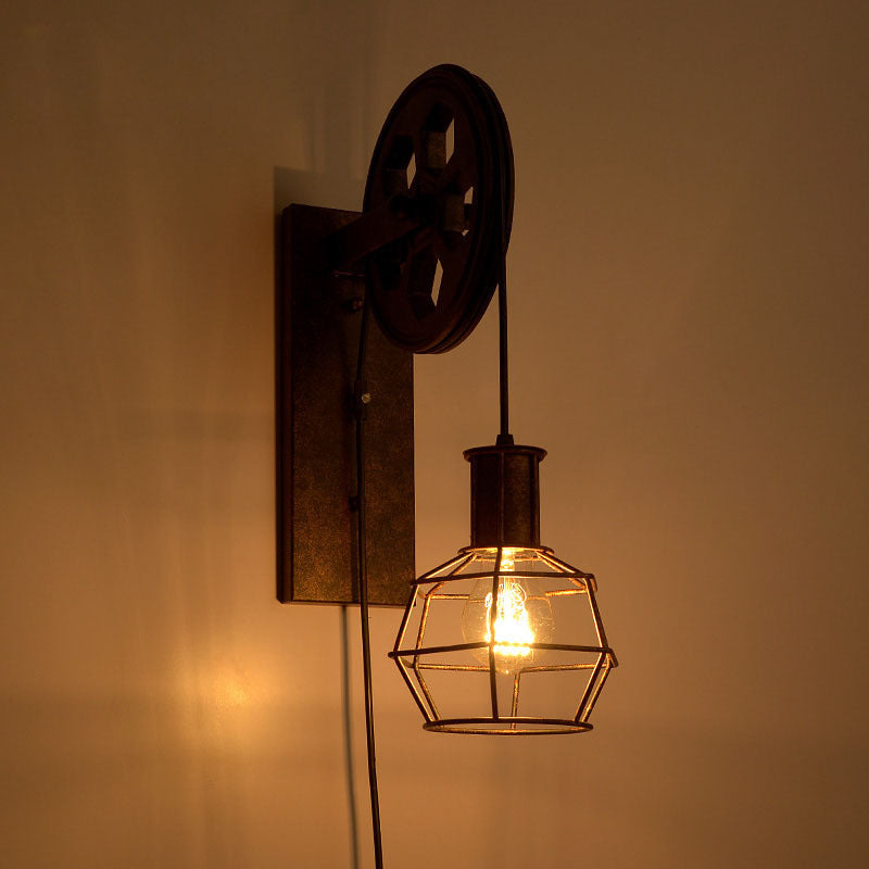 Frendorf | Sferische Draad Kooi Foyer Wandlamp Rustiek IJzer 1-Licht Slaapkamer Wandmontage Lamp met Katrol