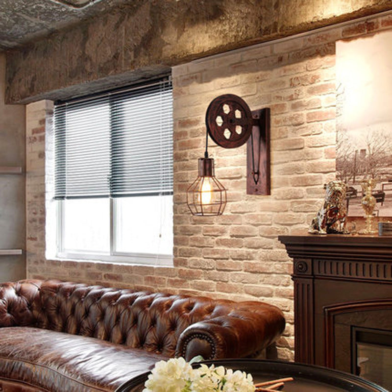 Frendorf | Sferische Draad Kooi Foyer Wandlamp Rustiek IJzer 1-Licht Slaapkamer Wandmontage Lamp met Katrol