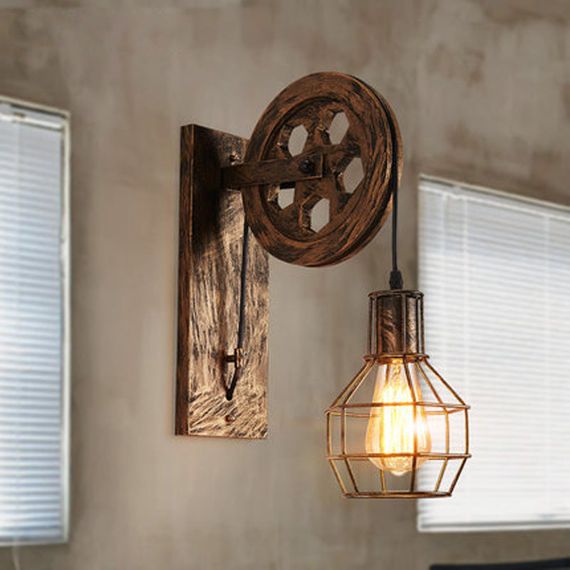 Frendorf | Sferische Draad Kooi Foyer Wandlamp Rustiek IJzer 1-Licht Slaapkamer Wandmontage Lamp met Katrol
