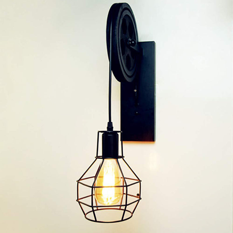 Frendorf | Sferische Draad Kooi Foyer Wandlamp Rustiek IJzer 1-Licht Slaapkamer Wandmontage Lamp met Katrol