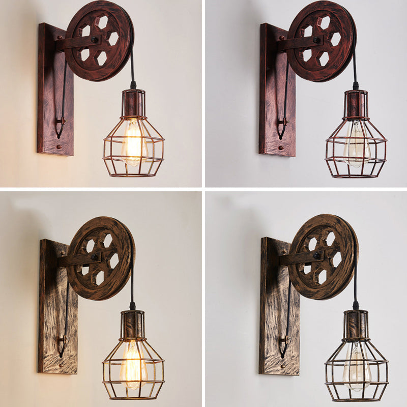 Frendorf | Sferische Draad Kooi Foyer Wandlamp Rustiek IJzer 1-Licht Slaapkamer Wandmontage Lamp met Katrol