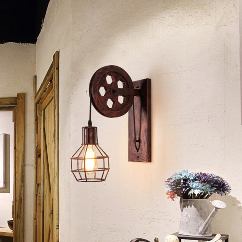 Frendorf | Sferische Draad Kooi Foyer Wandlamp Rustiek IJzer 1-Licht Slaapkamer Wandmontage Lamp met Katrol
