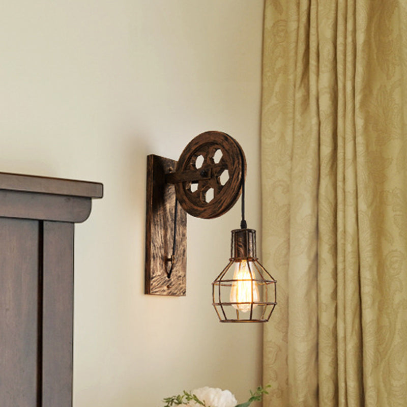 Frendorf | Sferische Draad Kooi Foyer Wandlamp Rustiek IJzer 1-Licht Slaapkamer Wandmontage Lamp met Katrol