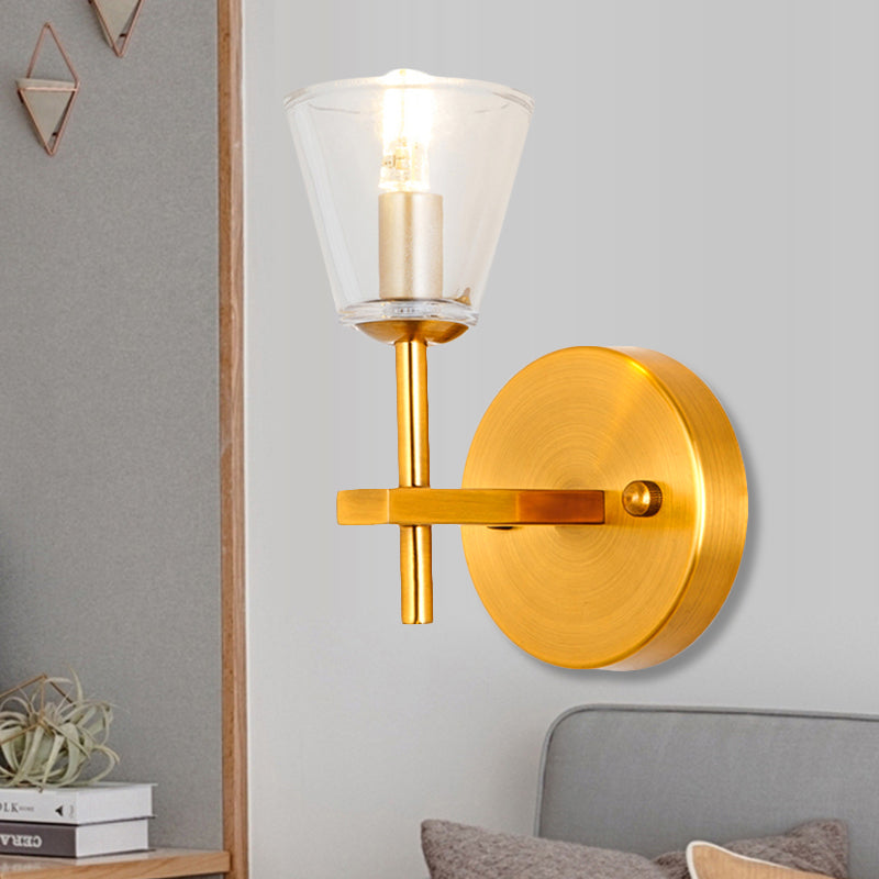 Frendorf | 1/2-Licht Helder Glas Wandlamp Moderne Stijl Gouden Conus Slaapkamer Wandlicht met Strak Arm