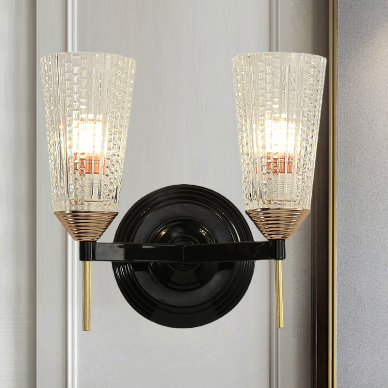 Frendorf | 1/2-Licht Wandlamp Traditionele Kegelvormige Helder Gestructureerd Glas Wandlamp in Zwart voor Hal