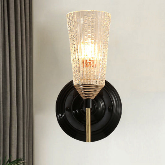 Frendorf | 1/2-Licht Wandlamp Traditionele Kegelvormige Helder Gestructureerd Glas Wandlamp in Zwart voor Hal