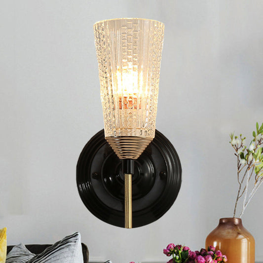 Frendorf | 1/2-Licht Wandlamp Traditionele Kegelvormige Helder Gestructureerd Glas Wandlamp in Zwart voor Hal