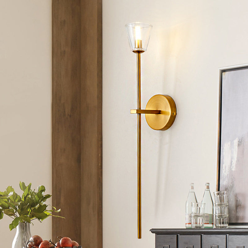 Frendorf | 1-Licht Wandlamp Simpel Globe/Kegel Duidelijk Raster Glas Wandlamp met Schone Lijn Arm in Goud voor Gang