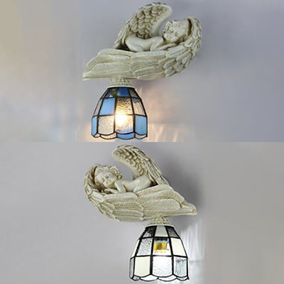 Frendorf | Hars Engel Wand Sconce Licht met Gekleurd Glazen Koepel Schaduw 1 Licht Loft Wandlamp in Wit/Blauw