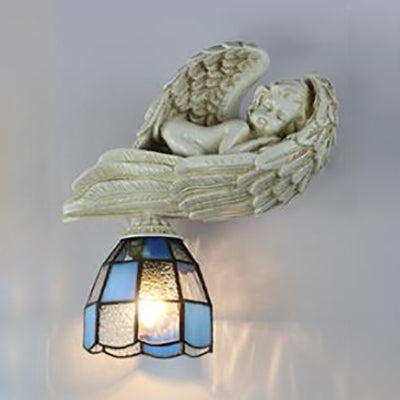 Frendorf | Hars Engel Wand Sconce Licht met Gekleurd Glazen Koepel Schaduw 1 Licht Loft Wandlamp in Wit/Blauw